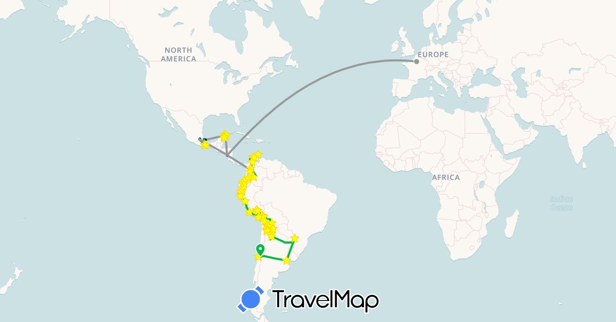 TravelMap itinerary: driving, bus, plane, hiking, boat in Argentina, Bolivia, Chile, Colombia, Ecuador, France, Mexico, Nicaragua, Peru (Europe, North America, South America)